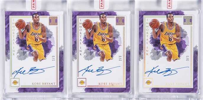 2019-20 Panini Impeccable "Immortal Ink" #IM-KBR Kobe Bryant Signed Cards Trio (3) – The Entire Limited Edition! (#s 1/3, 2/3, 3/3) – Panini Encased